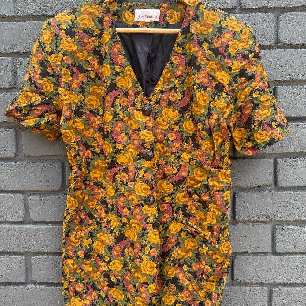 True Vintage 60s 70 La Donna Brown Floral Paisley Dress Suit Jacket Blazer Sz 10